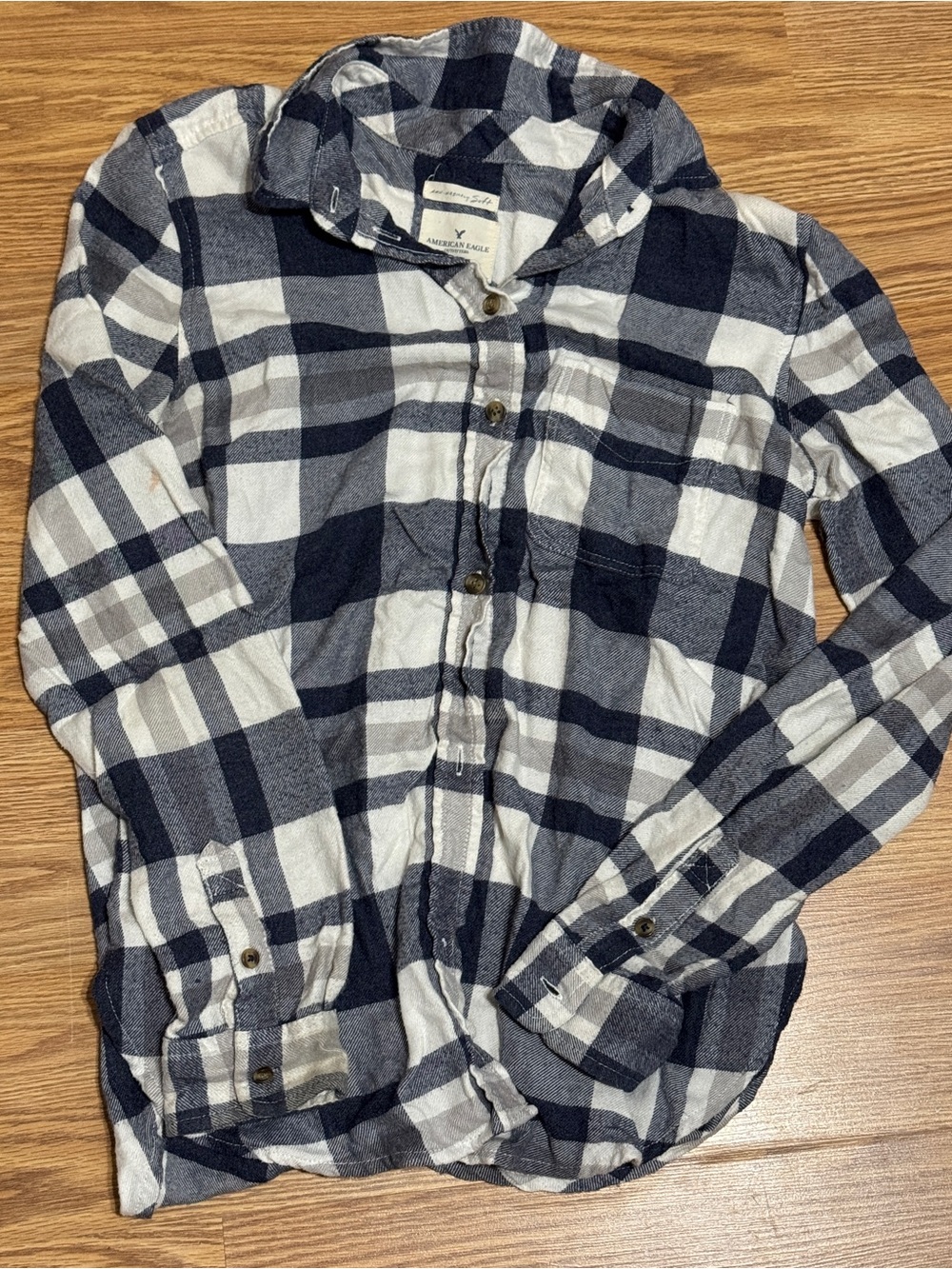 American Eagle Navy + White Plaid Button-Up Shirt, Flannel, Size XS